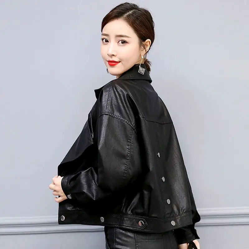 

2023 New Korean Style Loose Chic Coat Women Jacket PU Short Spring Autumn Simple Cool Leather Jacket Black