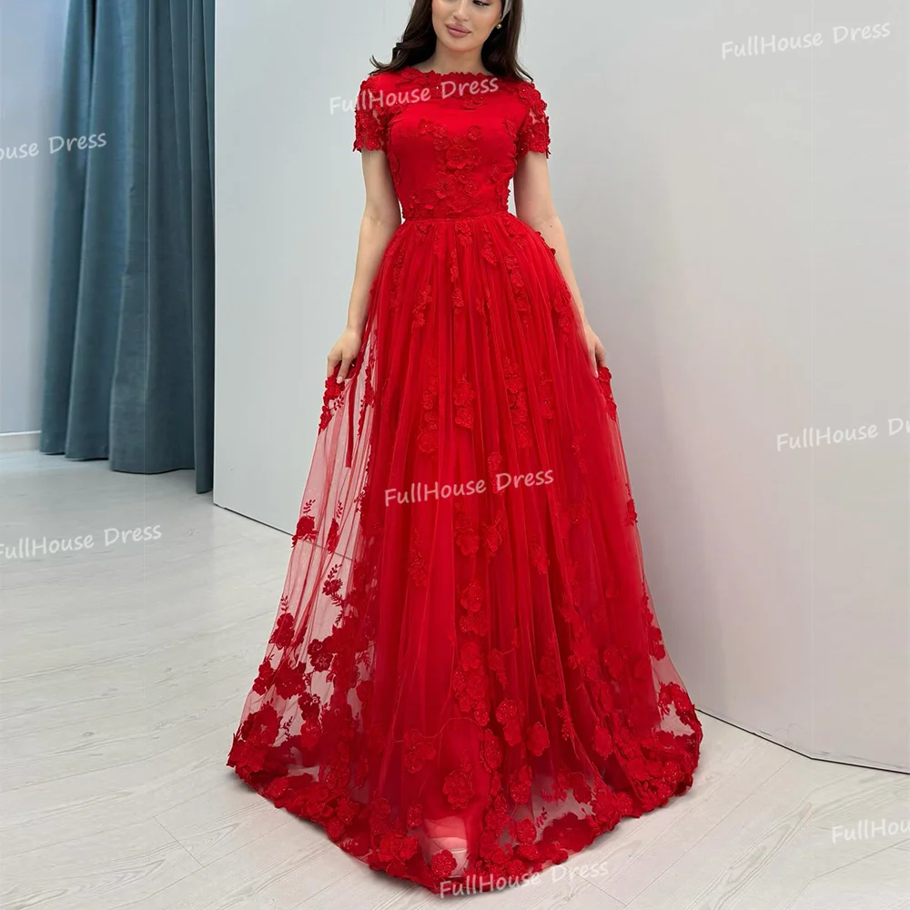 Фото Выполненное на заказ изящное тюлевое вечернее платье с круглым вырезом и аппликацией, кружевное вечернее платье трапециевидной формы, свадебное платье с короткими рукавами и шлейфом №1