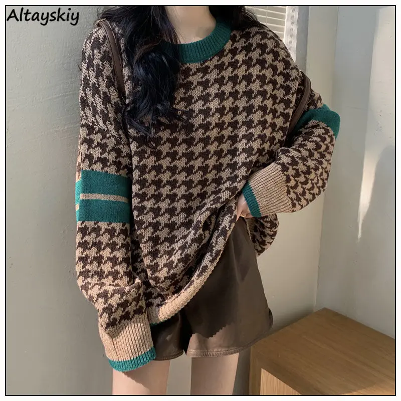 

Women Pullovers Chic Houndstooth Gentle Streetwear Females Retro Loose All-match Classic Long Sleeve Spring New Popular Stylish