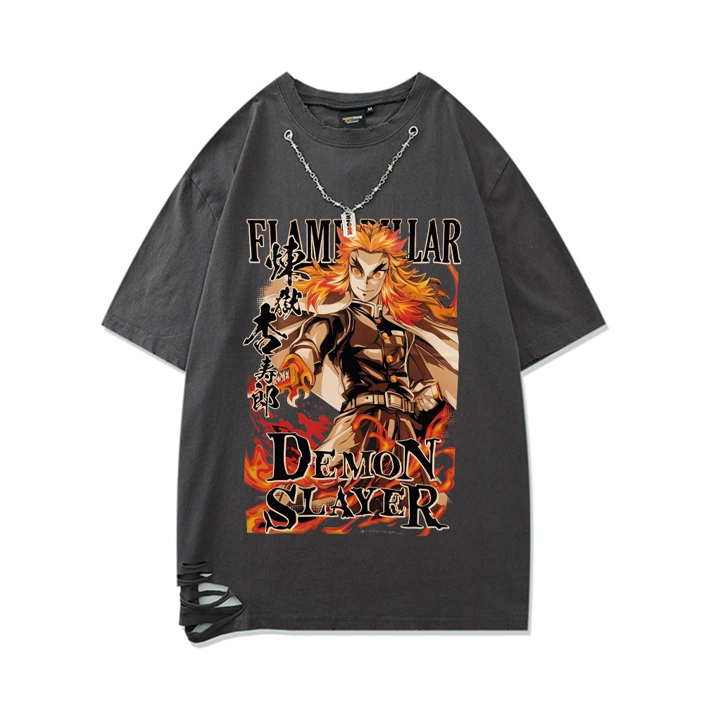 

Demon Slayer Cotton T-shirt Hole Tshirt with Chain Summer Top Kimetsu No Yaiba Short-Sleeved Shirts Oversized Men Women Tshirts