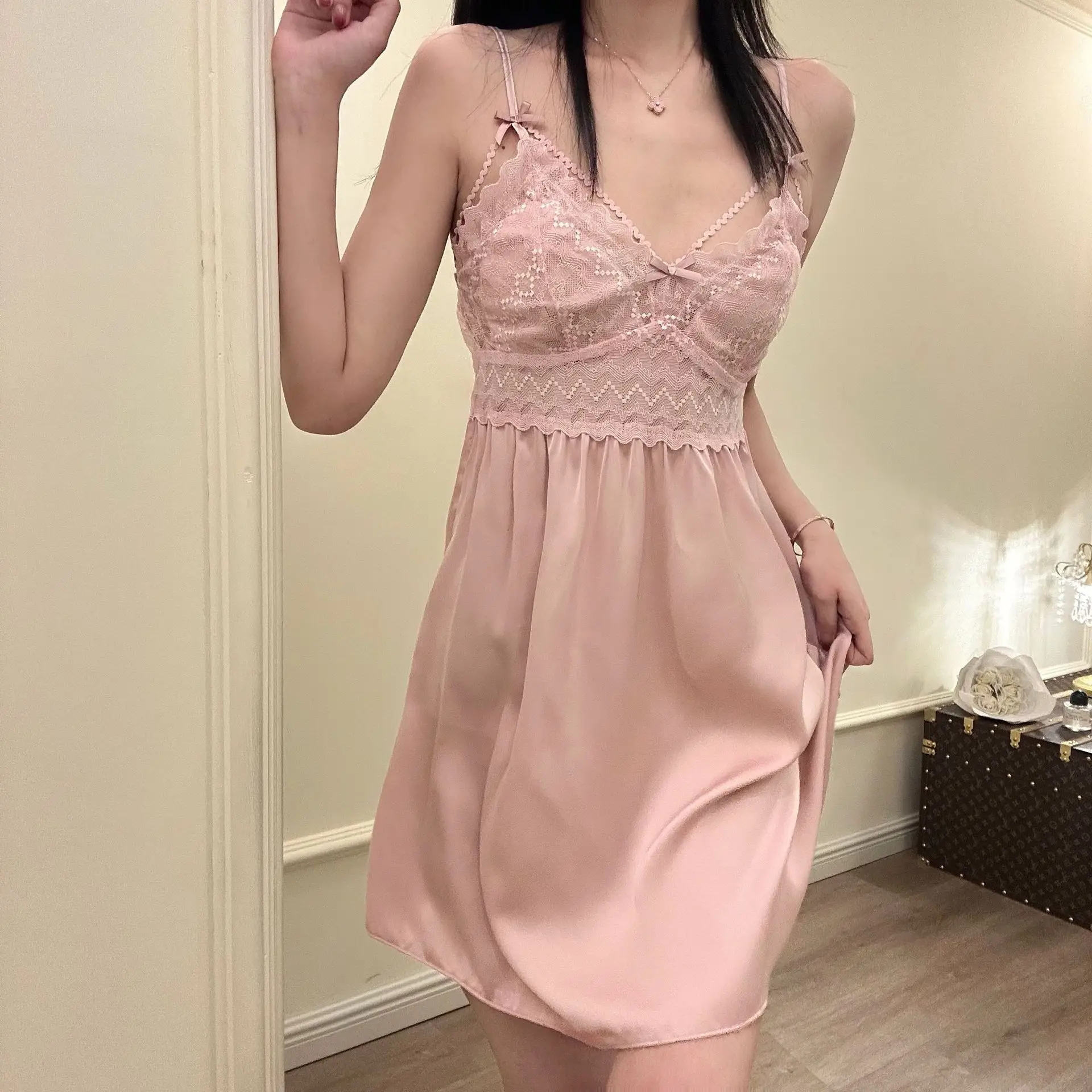 

FZSLCYIYI Summer Women Bow Applique Lace Patchwork Satin Sling Nightdress Female Nightgowns Ladies Lingerie Sleepdress Homewear