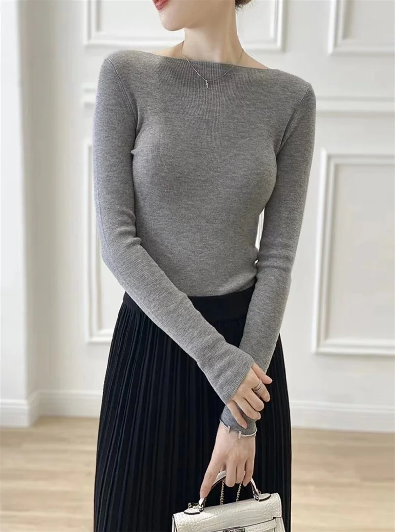 

Весна 2023, Модный облегающий вязаный свитер с воротником-лодочкой