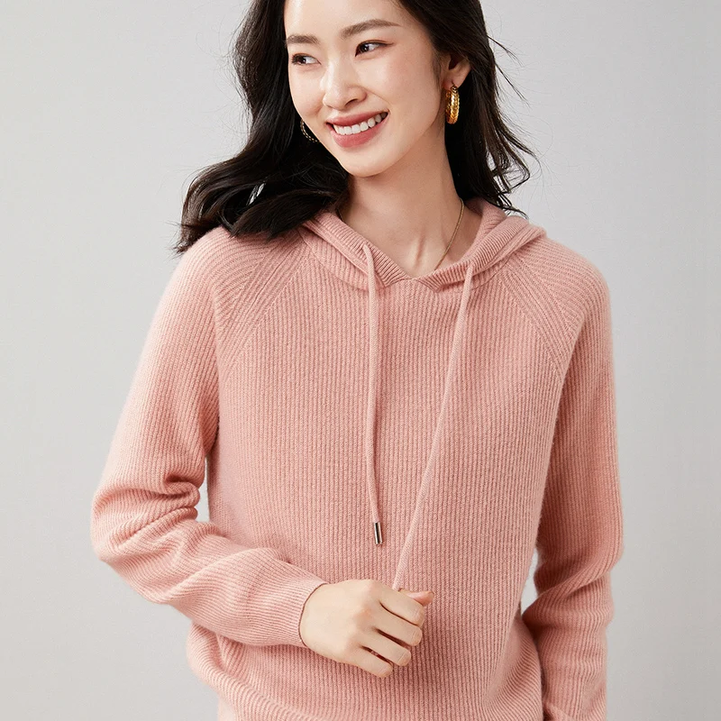 2022 Autumn/Winter Women's 100% Pure Cashmere Sweater Knitted Hooded Jumper Coat Lady's Grade Up Pullovers Soft Warm Top