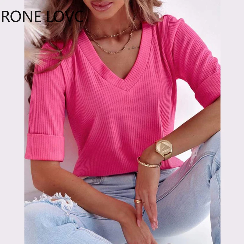 

Women Chic Solid V-neck Half Long Sleeves Basic Rose Red Blouse Top