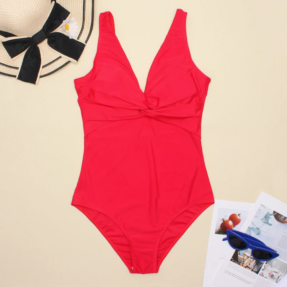 Однотонный Цельный купальник женский красный боди с V-образным вырезом летний