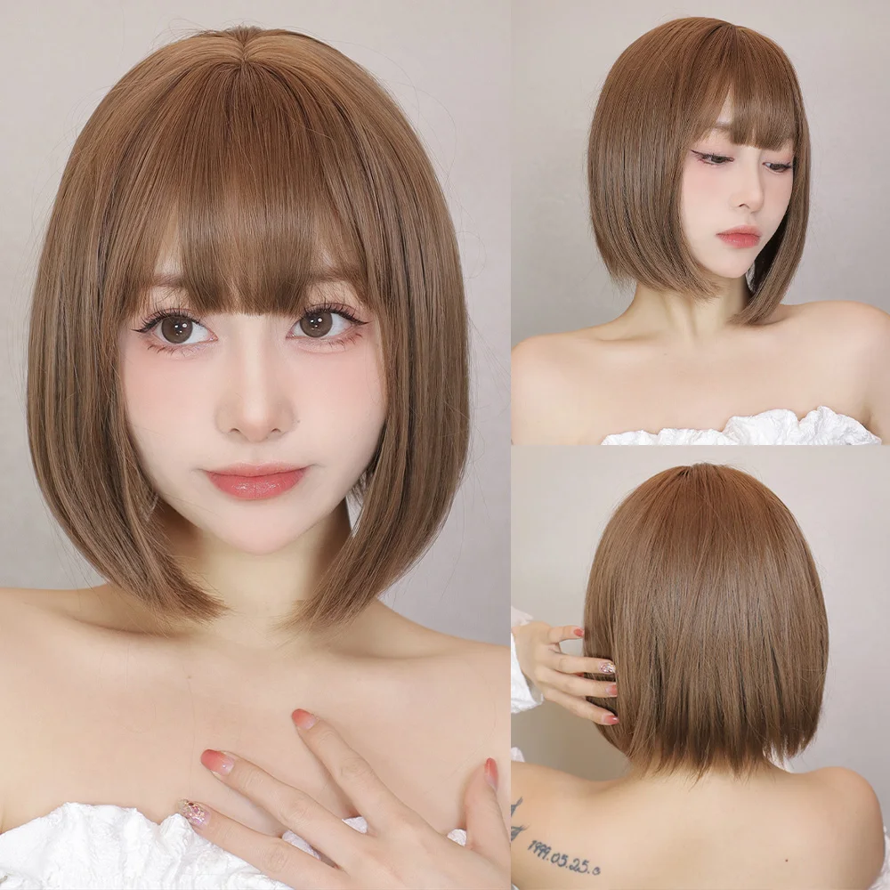 

Light Brown Straight Bob Wigs for Women Natural Colorful Short Bob Wig with Bangs Daily Party Synthetic Hair Heat Resistant Wig
