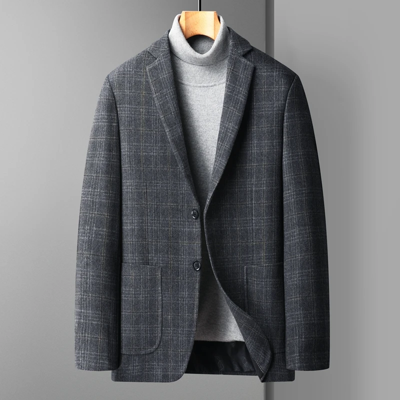 

England Style Men Gray Navy Blue Coffee Plaid Sheep Wool Blazers Classical Checked Pattern Cashmere Woolen Jacket Suit For Male