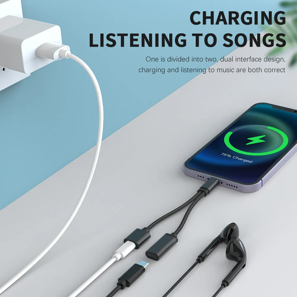 2 In 1 USB C To 3.5mm Headphone Jack Adapter Type C Charge Audio Aux Adaptor for iphone11 12 13