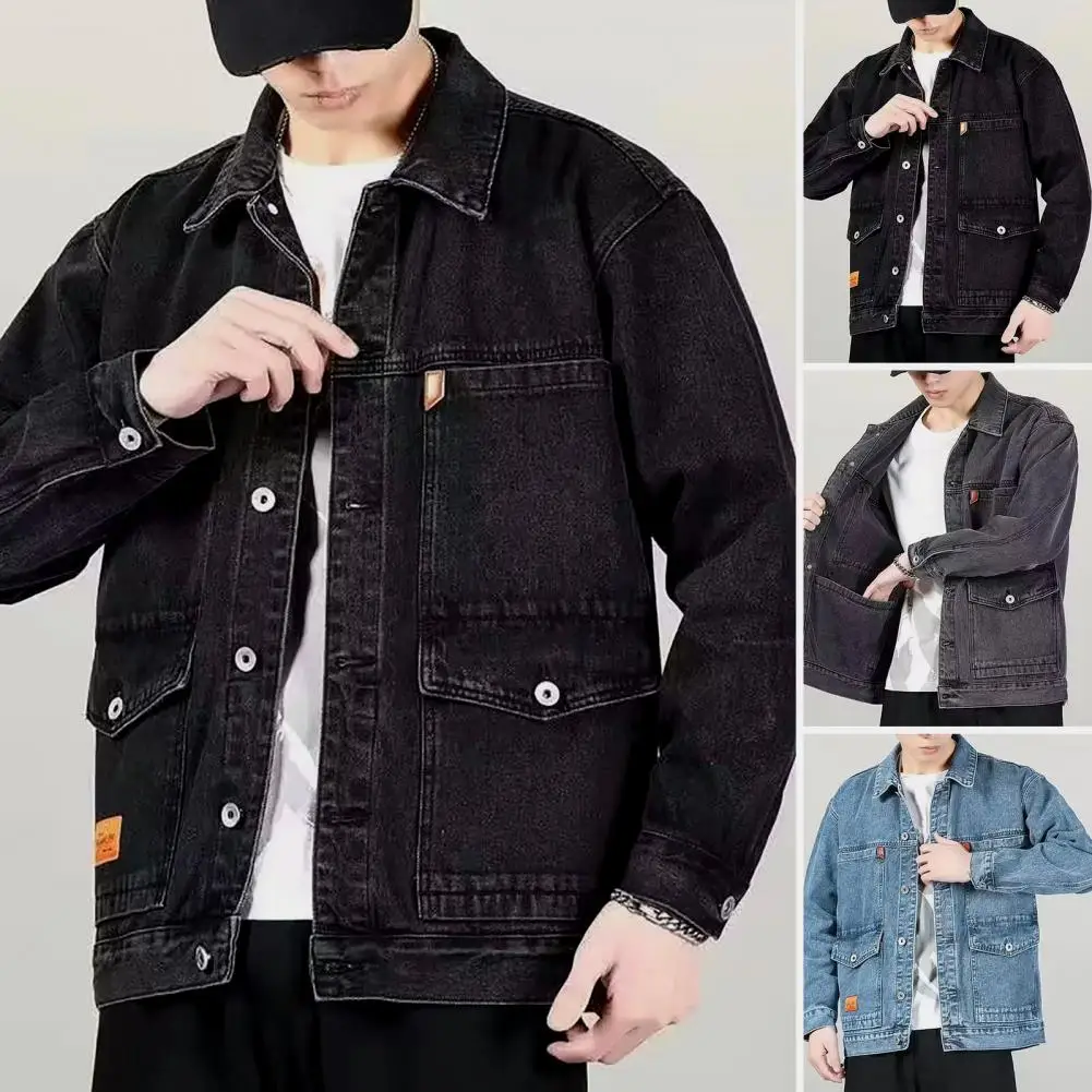 

Men Buttons Autumn Jacket Pocket Long Sleeves Solid Color Loose Single-breasted Warm Cardigan Mid Length Men Denim Coat