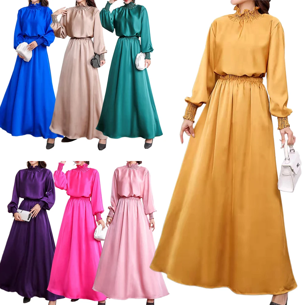 

Eid Ramadan Women Satin Muslim Long Sleeve Top Skirt Set Two Piece Abaya Dress Turkey Dubai Arab Islam Kaftan Outfits Clothing