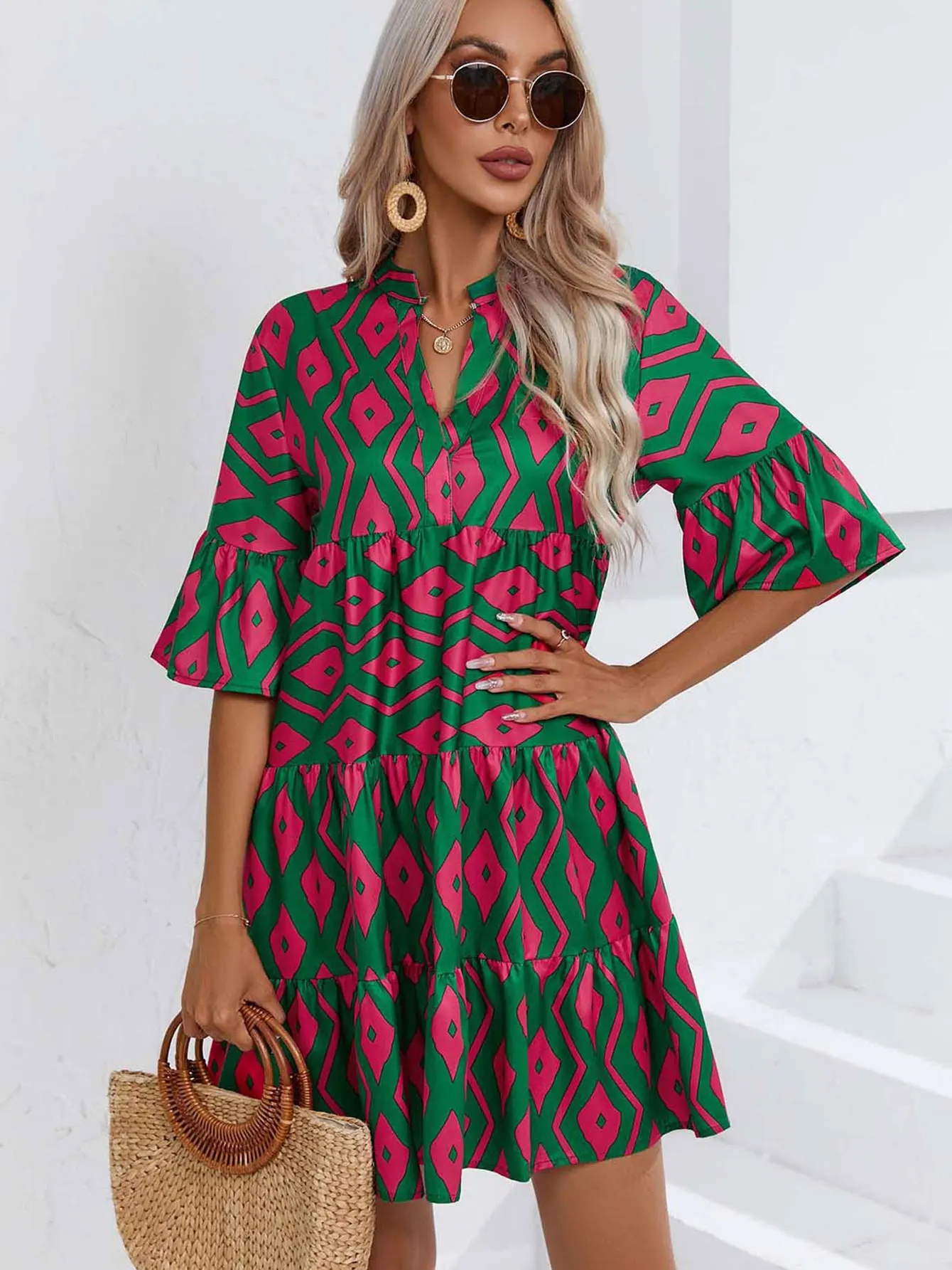 

2023 Summer Elegant Printed V-Neck Mini Half Sleeve Dress Ladies Loose Boho Beach Dresses Vestidos купальник женский слитный