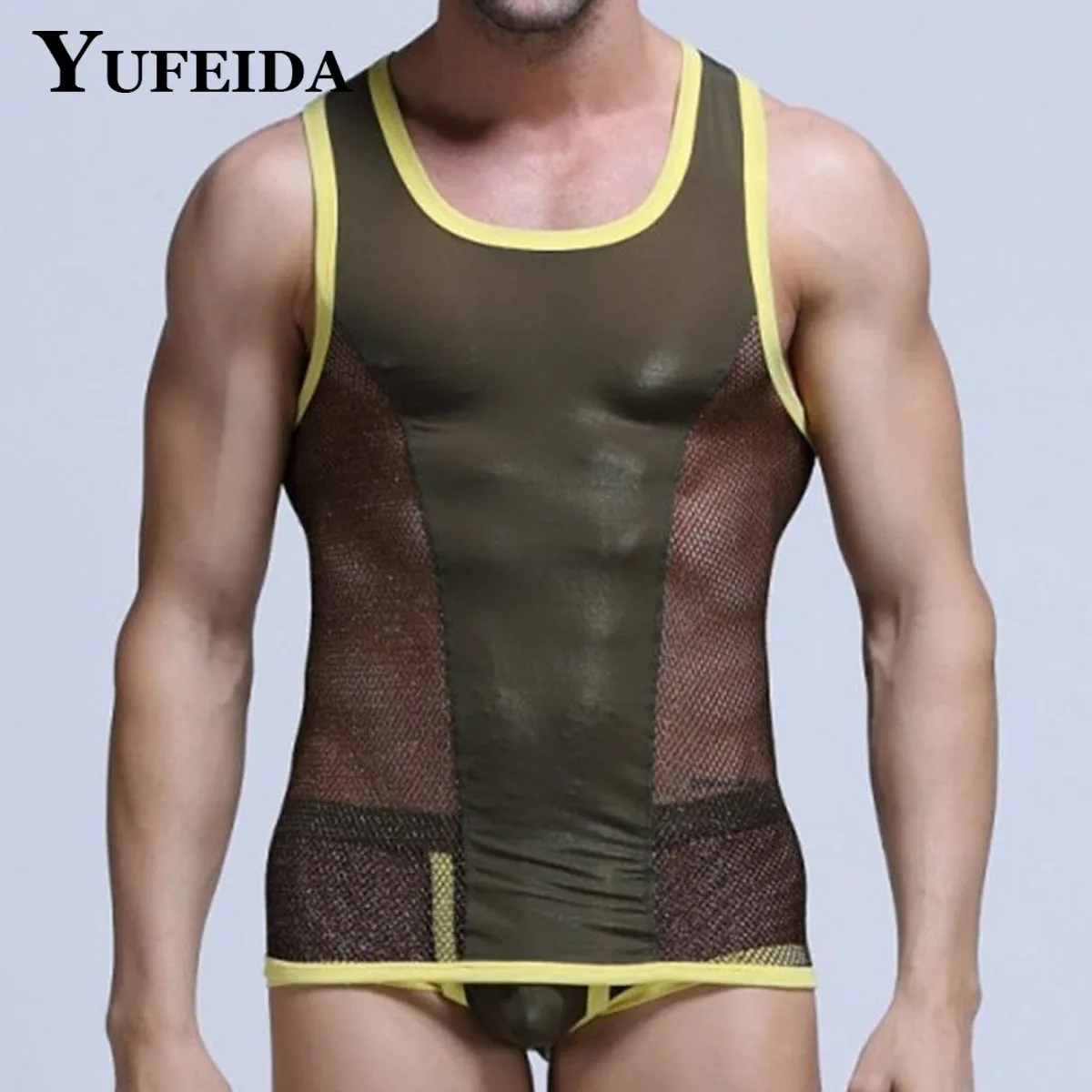 

YUFEIDA Sexy Mens Undershirts See Through Mesh Sheer Tank Tops Fitness Sleeveless Homme Vests Boxershorts Suits Male Sportwear