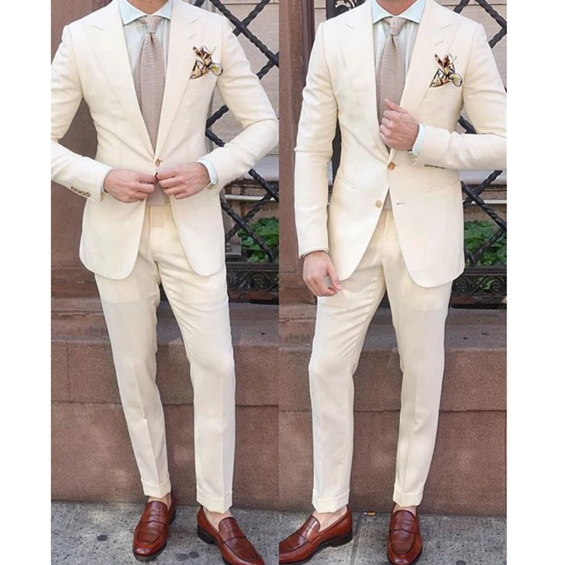 

Костюм мужской облегающий цвета слоновой кости, смокинг для жениха на свадьбу, деловой пиджак с одной пуговицей, брюки, 2 шт.