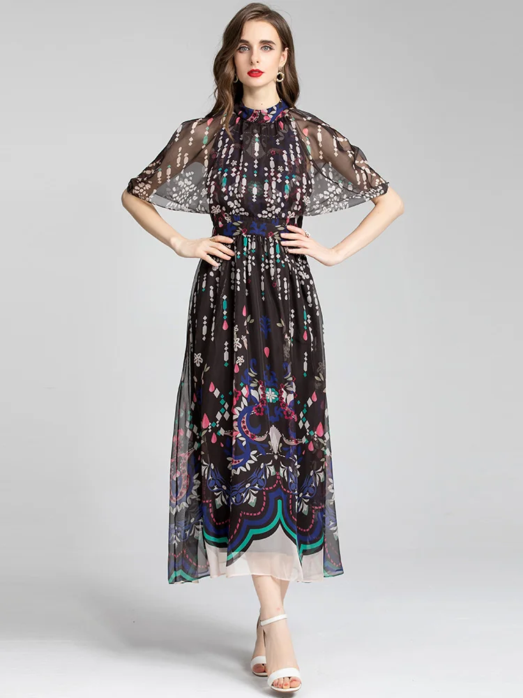 

MoaaYina Fashion Runway dress Summer Women's Dress Stand collar Cloak Sleeves Floral Print Black Vintage Party Dresses