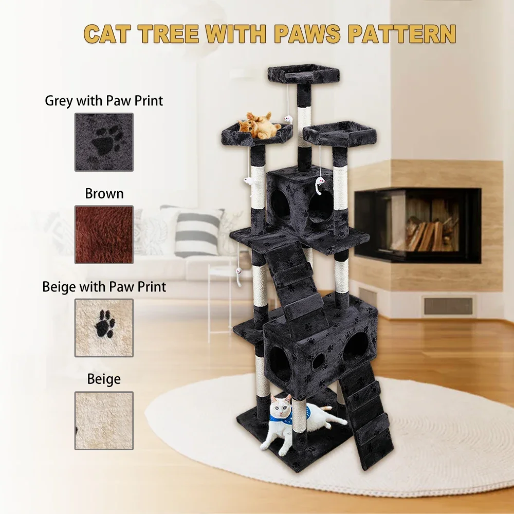 

Multi-Level Cat Tree Tower House with Play Tunnel and Dangling Interactive Toy, Grey With Paw print XH