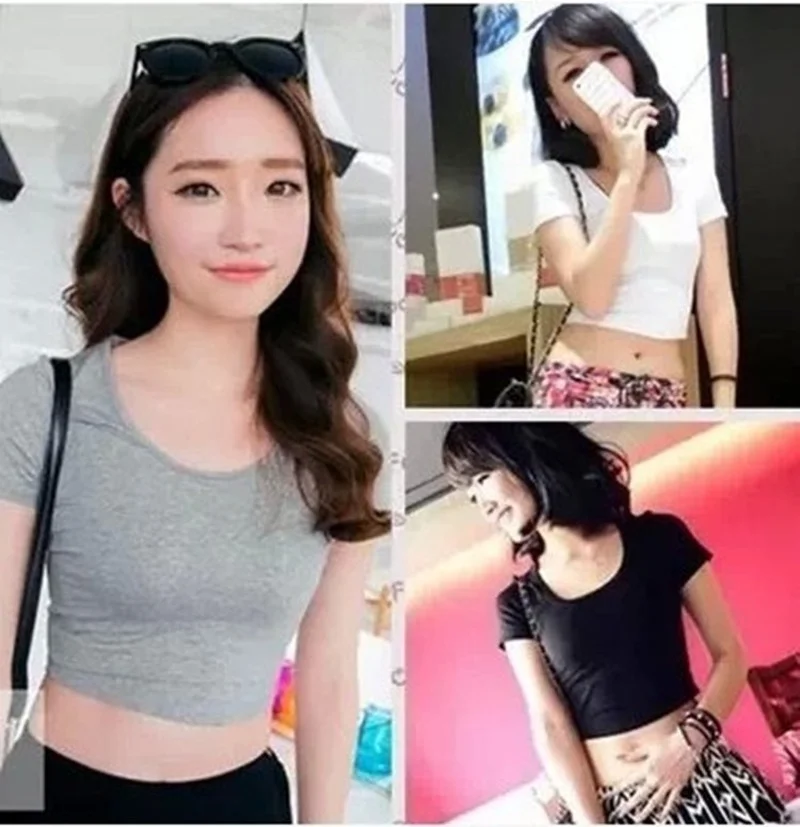 

Женский короткий топ с коротким рукавом и круглым вырезом