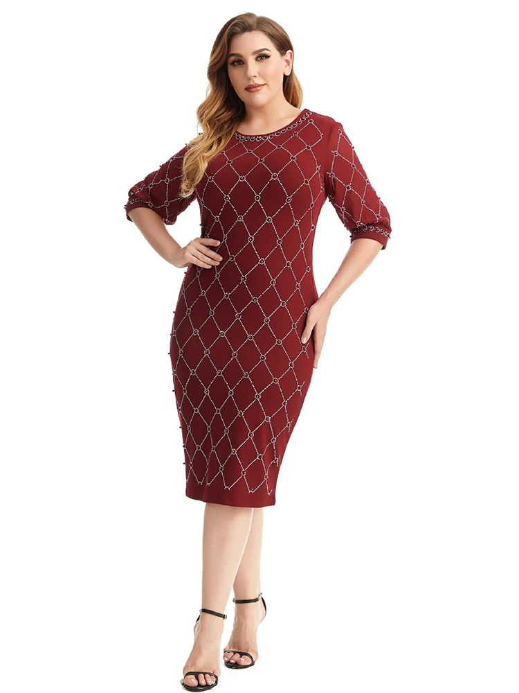 

Plus Size Ladies Office Dress Women 2022 Summer Diamonds Plaid Slim Bodycon Pencil Dress Ladies Work Wear Party Dresses
