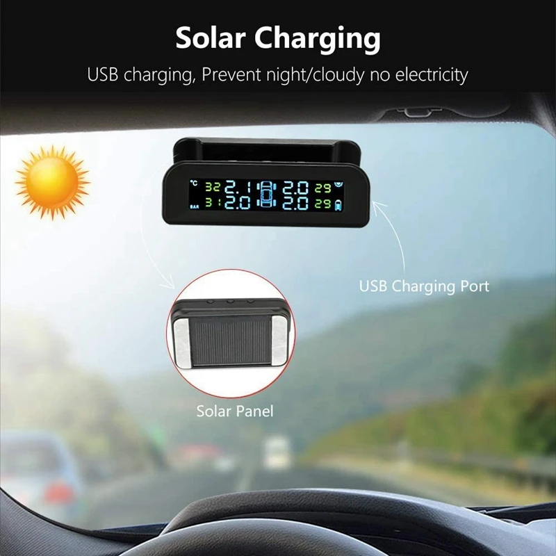 

Car TPMS Tire Detection Monitor External Wireless Solar Tire Pressure Detection System Time Display Monitoring System