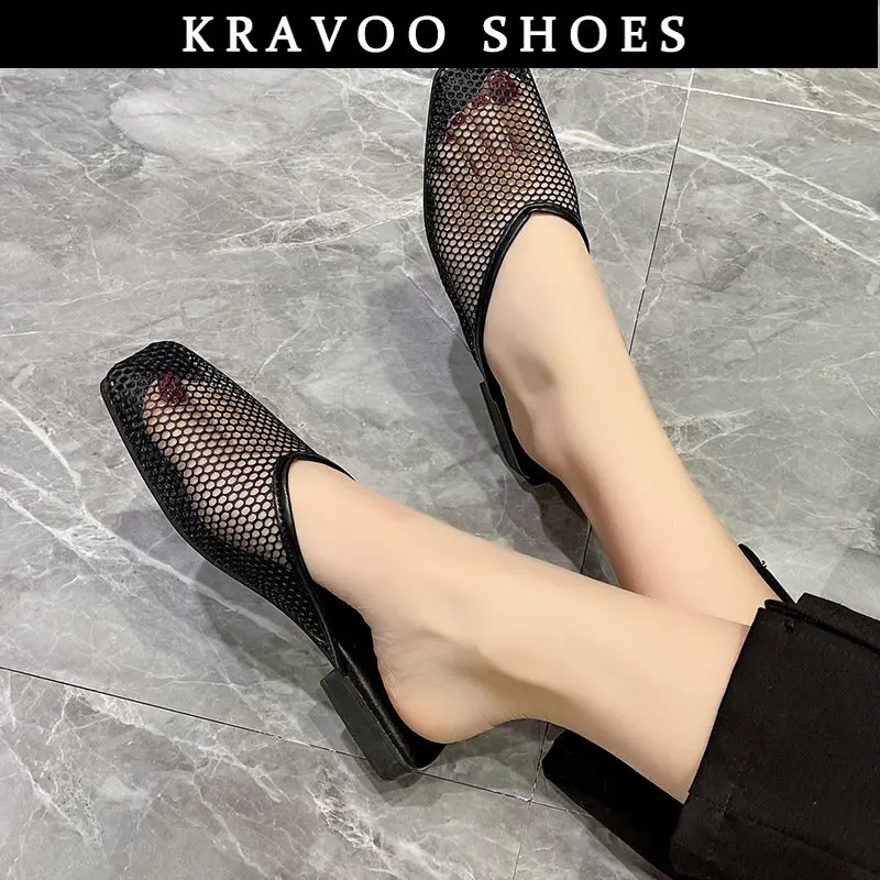 

KRAVOO Shoes For Women Mesh Breathable Slippers For Women Square Toe Female Sandals Solid Female Sandal Slipper Beach Shoes 2023