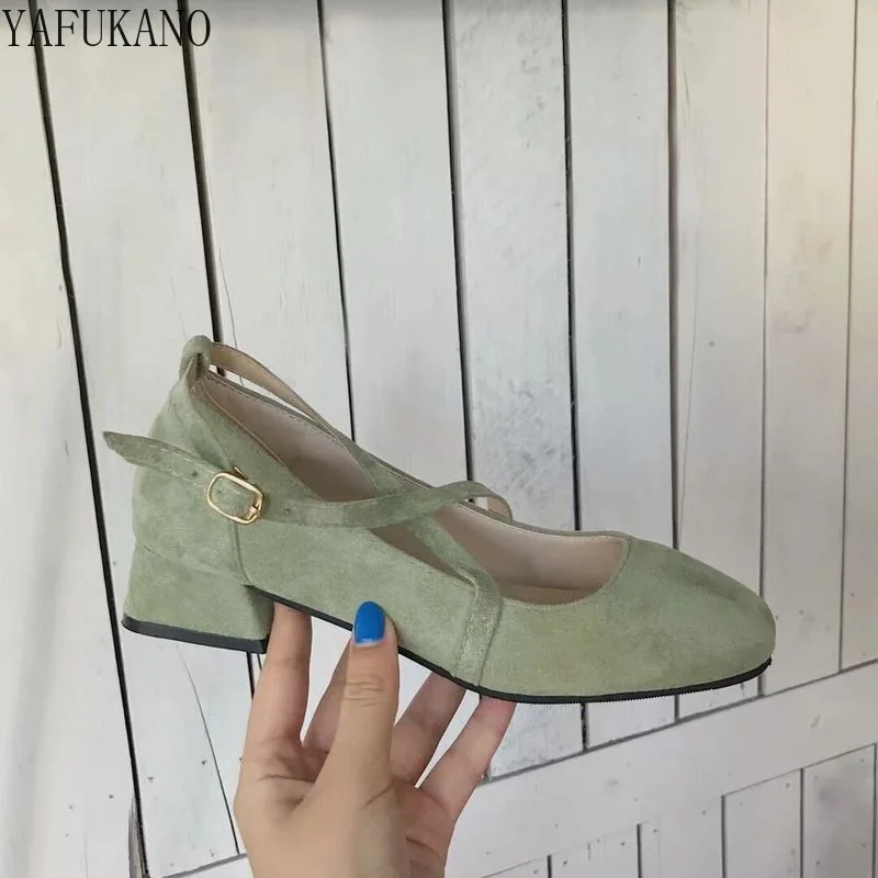 

Mary Janes Single Shoes Shallow Mouth Square Toe Cross Buckle Strap Low Heel Thick Heel Pumps Suede College Style High Heels