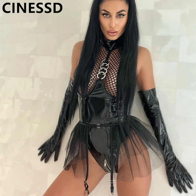 

CINESSD порно рыболовная сеть латексное боди с оборками подвязки с лямкой на шее сексуальный костюм из 2 предметов с сеткой на молнии с открытой промежностью кожаное боди Тедди