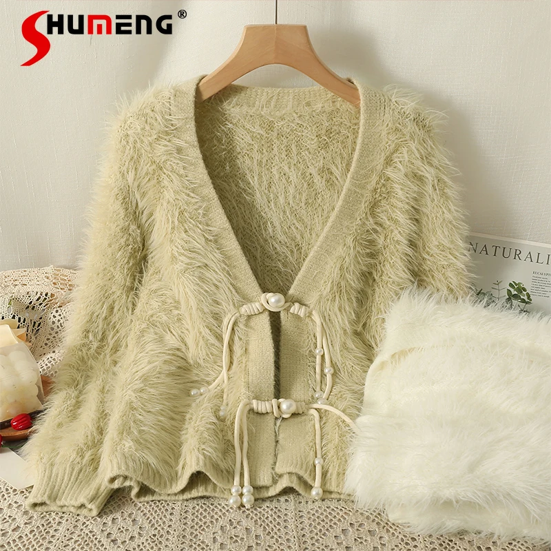 

Gentle Pearl Buckle V-neck Knitted Cardigan Mujer 2023 Autumn and Winter New Advanced Pure Color Long Sleeve Plush Sweater Coat