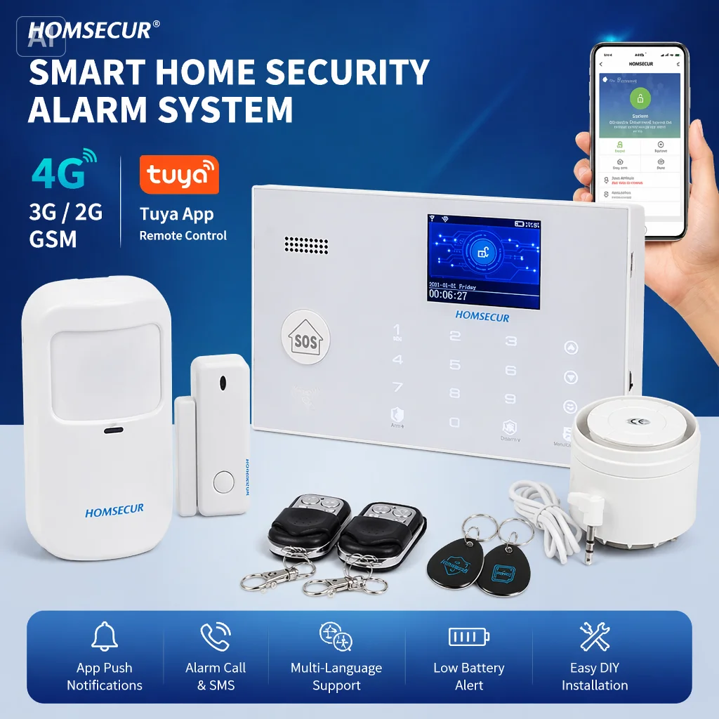 Фото HOMSECUR Многоязычная система сигнализации с автодозвоном по SMS, беспроводная, 4G, Wi-Fi, для защиты от взлома №1