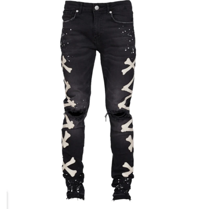 Men Jeans Fashion Streetwear Hip Hop Style Casual Men's Denim Pants Male Ripped Slim Pencil Trousers New Arrival Print Jean Blue