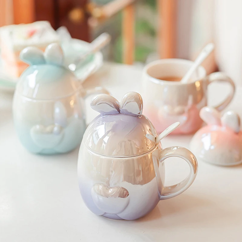 

300ml Kawaii Bunny Ears Coffee Cups Cute Gradient Ceramic Tea Milk Water Office Home Cup Original Breakfast Mugs Drinkware Gift