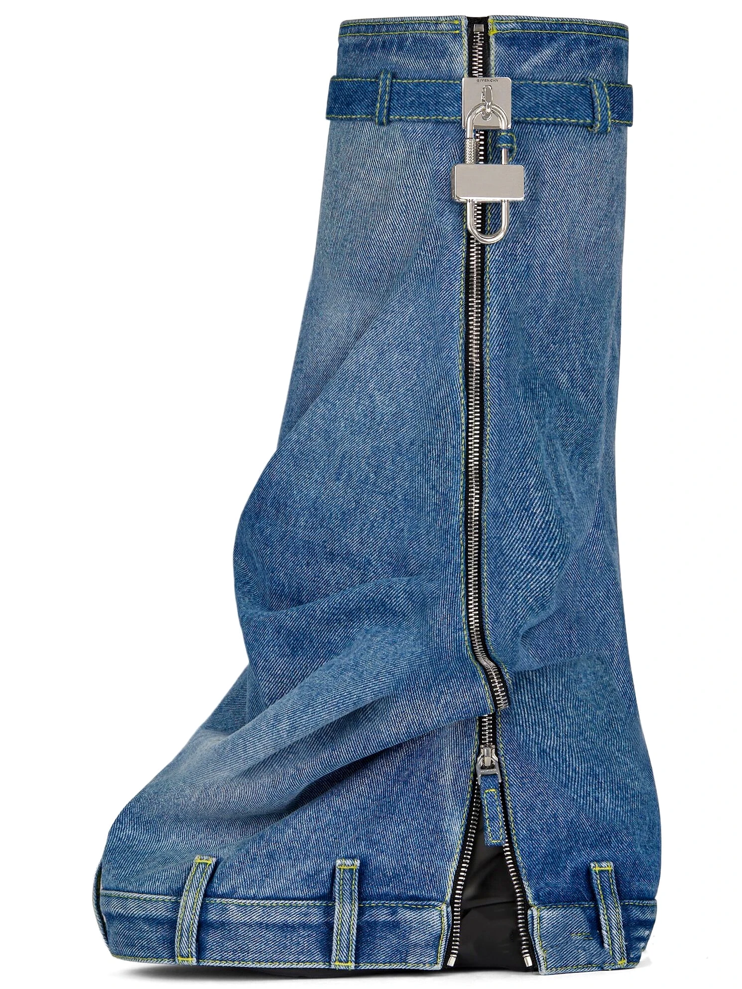 New Jean Cowgirls Lock Knee High Shark Long Boots Women Metallic Round Toe Slip-on Platform Wedges Thick Sole Party Stage Shoes