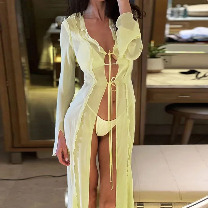 

Женское прозрачное Сетчатое бикини Y2k, летнее пляжное платье с оборками и V-образным вырезом, Солнцезащитный кардиган с высоким разрезом, одежда для плавания