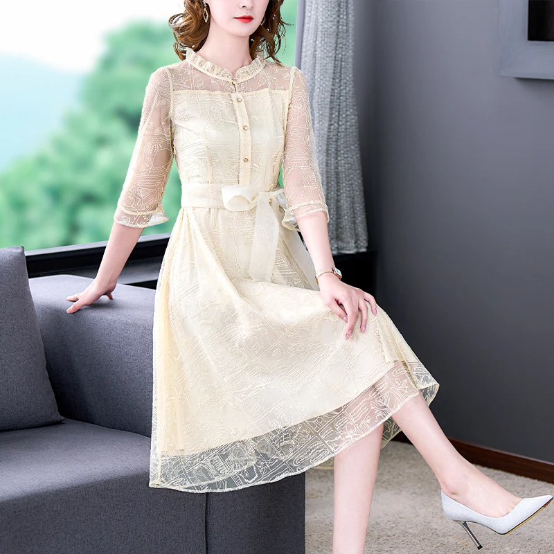 

Женское Сетчатое платье миди с вышивкой, белое ажурное Привлекательное элегантное облегающее платье с оборками на воротнике в Корейском стиле, Новинка лета 2023