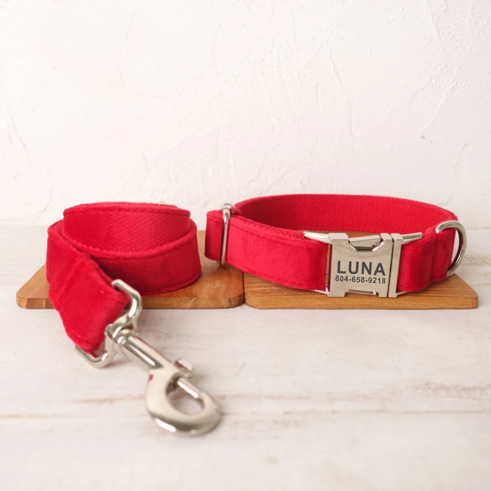 Personalized Pet Collar Customized Nameplate ID Tag Adjustable Thicken Red Velvet Cat Dog Collars Lead Leash