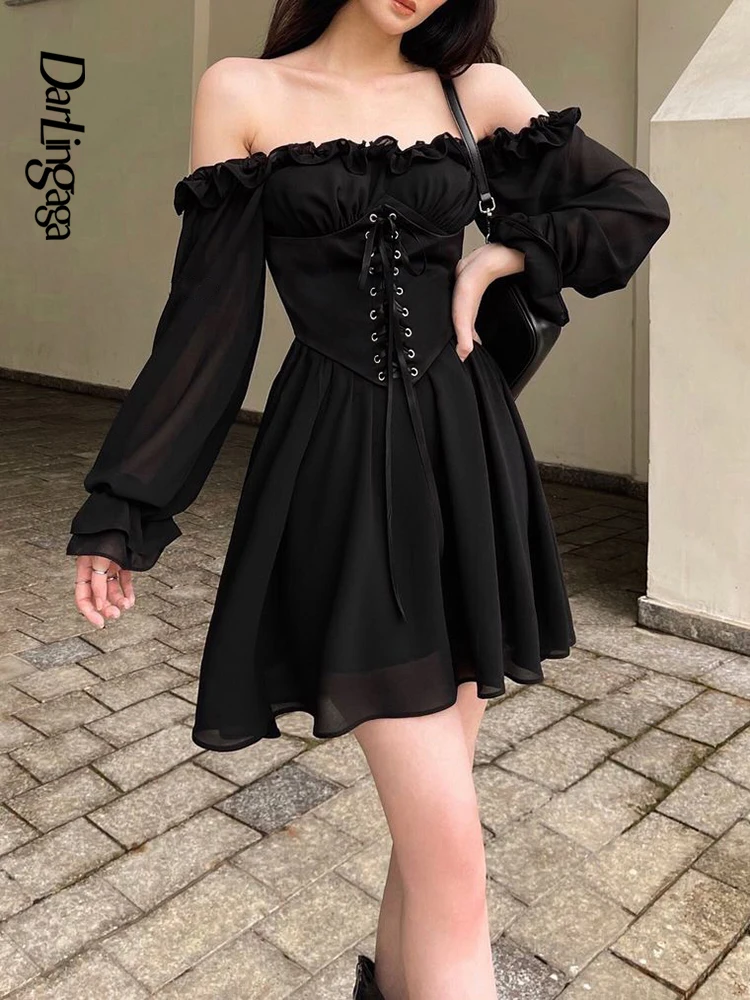 

Darlingaga Fashion Chic Off Shoulder Black Chiffon Dress Ruffles Patchwork Corset Waistband Tie Up Summer Women's Dress Sundress