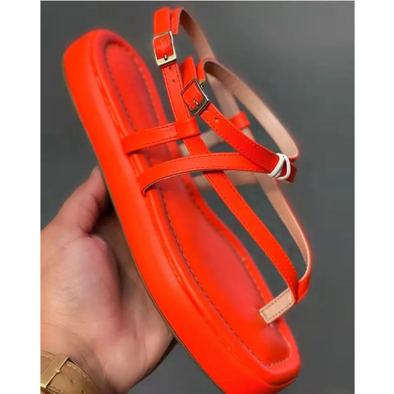 Thick Bottom Women Sandals New Square Toes Female Flat Clip Toe Shoes Ladies Solid Color Buckle Straps Plus Size Casual Footwear