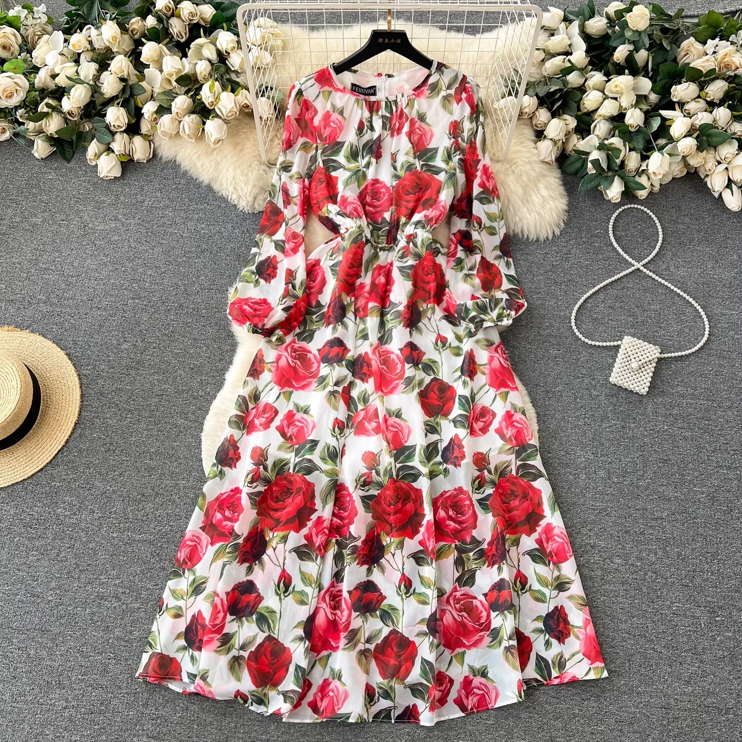 High Quality Spring Women Fashion Runway Long Dress Lantern Sleeve Stand Collar With Belt Floral Print Holiday Maxi Dress A9030