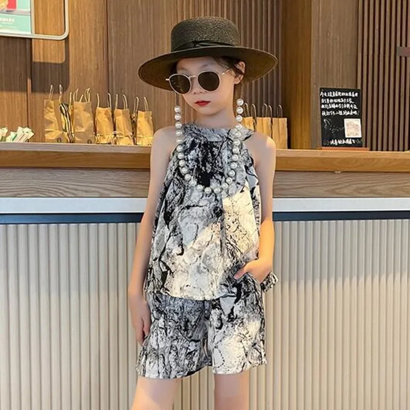 

2023 Summer Girls Clothing Set Fashion Sleeveless Tops + Shorts Kids Outfits Fashion Ink Painting Children Clothes 3-12 Years