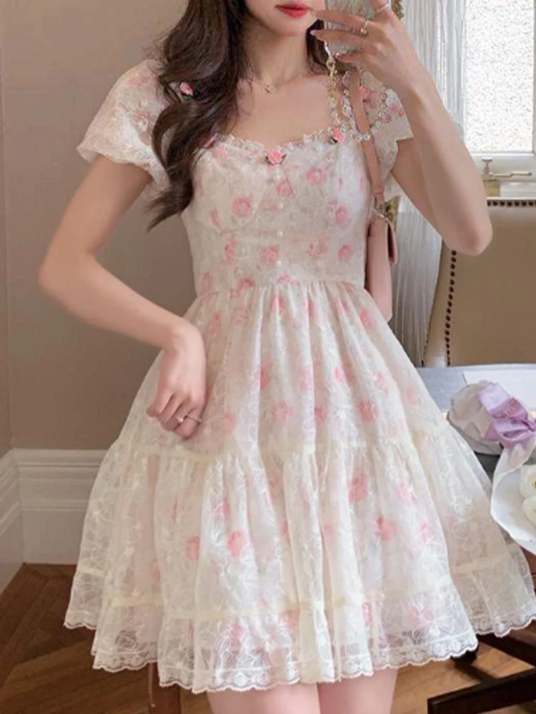

Милое винтажное мини-платье, женское летнее платье с квадратным вырезом и пышными рукавами, женское корейское модное милое платье принцессы