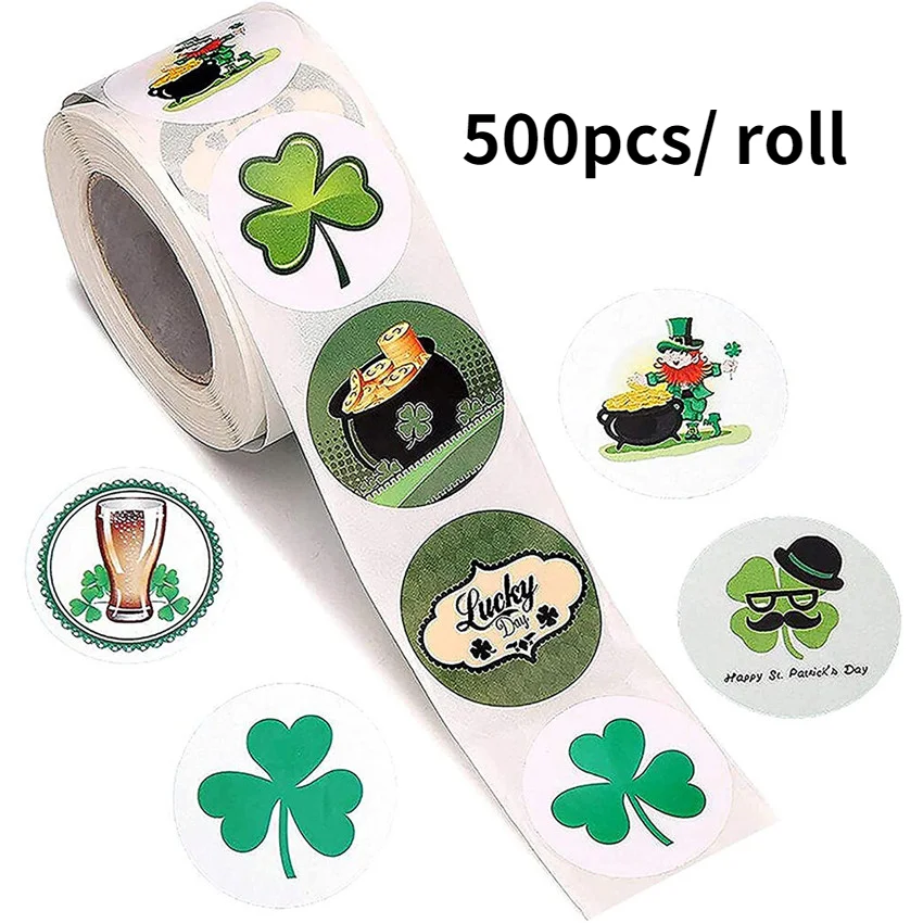 

500Pcs St.Patrick's Day Stickers Shamrock Hanging Activity Decoration 1.5inch Lucky Clover Label Gift Envelope Seal stickers