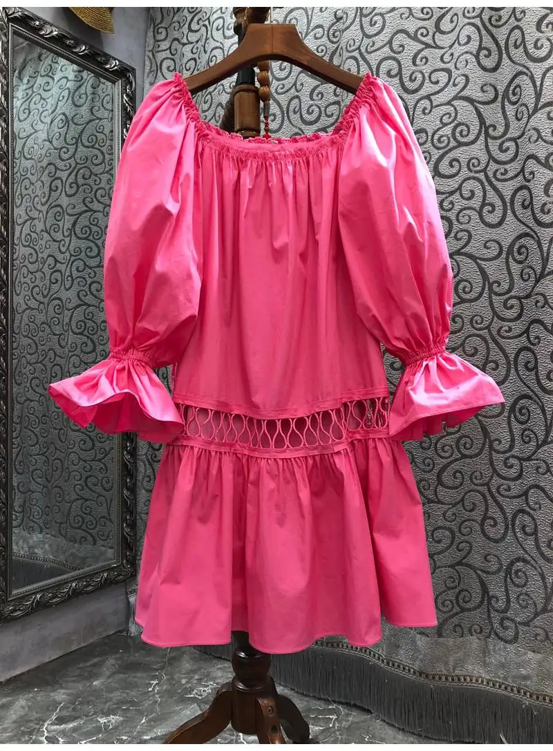 

2022 Summer Fashion Rose Red Blue Green Dress High Quality Ladies Sexy Slash Neck Hollow Out Sexy Flare Sleeve Casual Dress