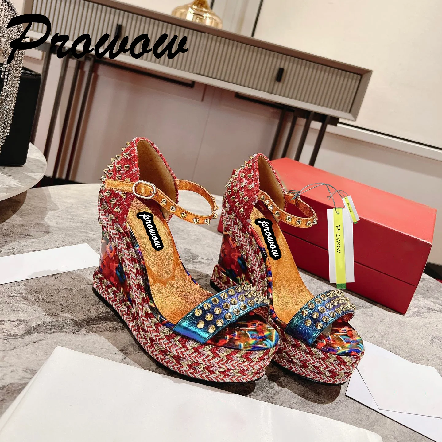 

Prowow New Spring Summer Studded Platform Leather Wedges Sandals Ankle Strappy Female Spring Summer Vacation Beach Sandals