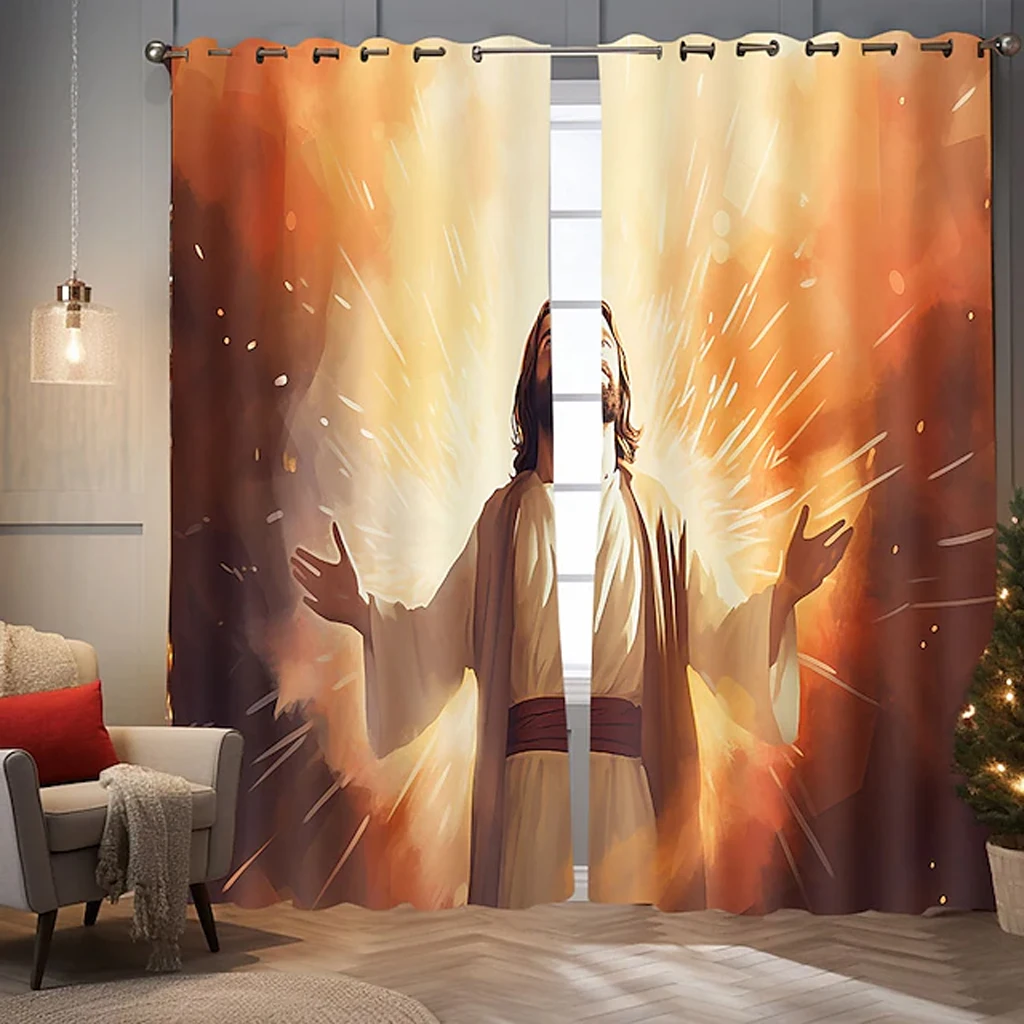 

Heavenly God ChristianCurtains for Bedroom Living Room Decoration Window Decorative Holiday Curtain Polyester Fabric Home Decor