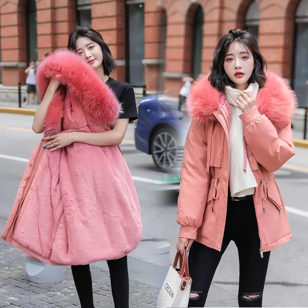 Warm Thicken Winter Women Jacket Solid Loose Fur Collar Hooded Cotton Padded Coat for Ladies Casual Wool Liner Parkas