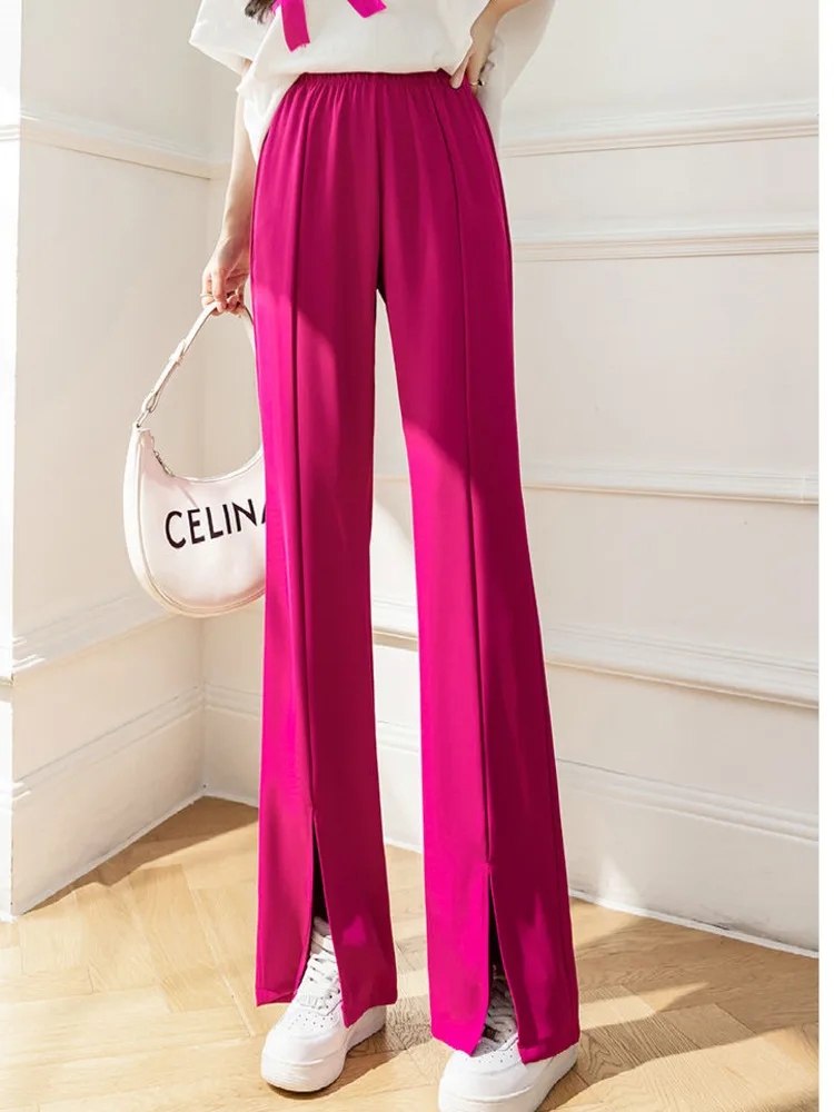 

Doornot Split flared trousers women high waist slim suit pants summer thin ice silk wide leg pants female