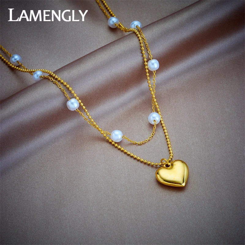 

LAMENGLY 316L Stainless Steel Large Heart Pearl Pendant Necklace For Women Girl New 2in1 Chains Non-fading Jewelry Gift Party