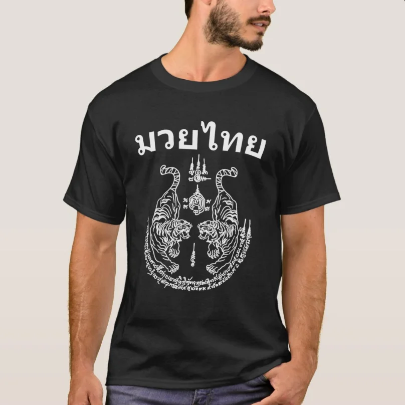 

Muay Thai Language Sak Yant Art Tattoo Twin Tiger T-Shirt 100% Cotton O-Neck Summer Short Sleeve Casual Mens T-shirt Size S-3XL