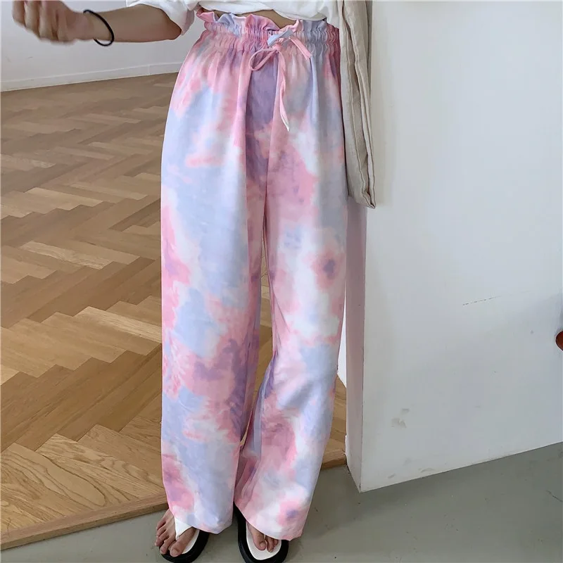 

Tie Dye Wide Leg Pants Summer Women's New High Waist Casual One Size Thin Ladies Trousers Vintage Streetwear Womens Loose Pants
