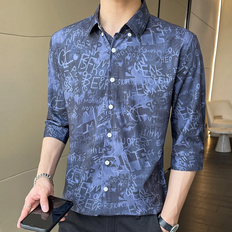

Fashion Shirt Men's Trend Slim Three-quarter Sleeved Shirt Casual Business Comfortable Dress Party Print Shirt Tops