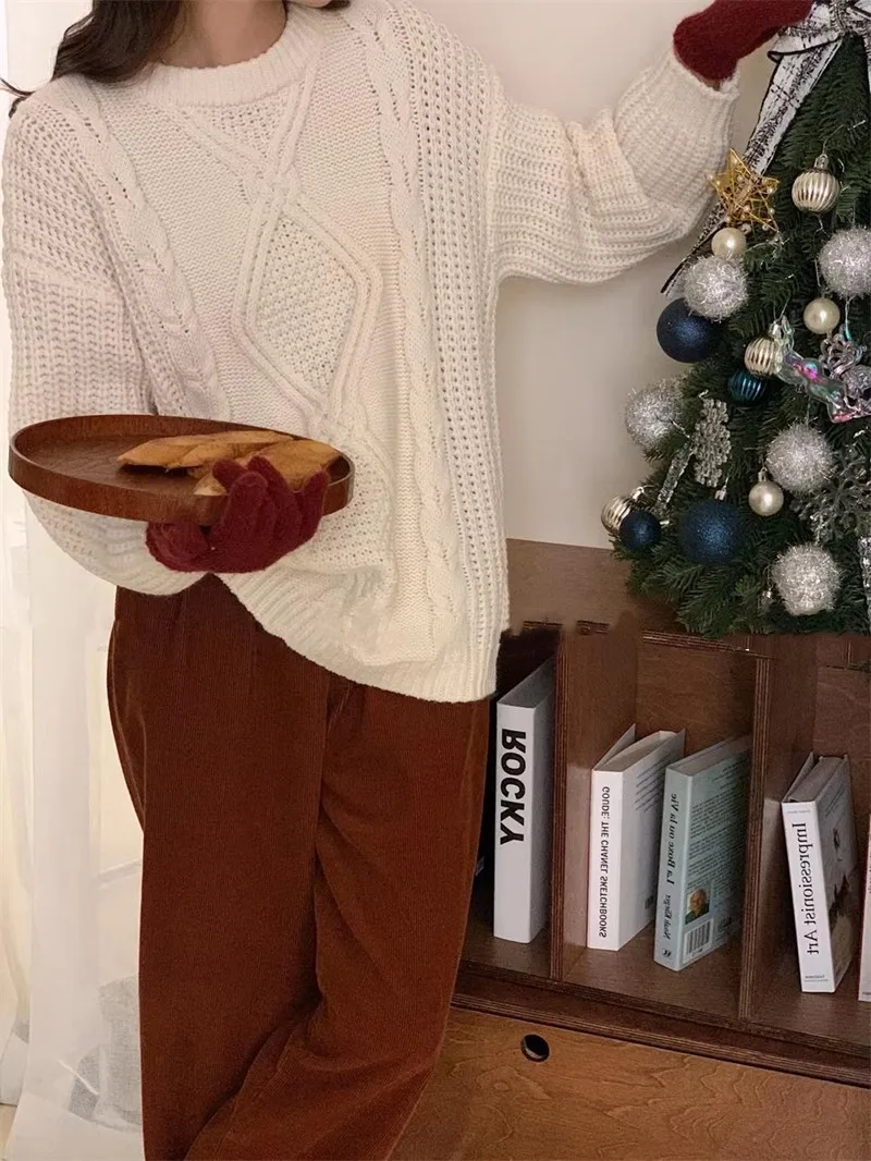 

Winter women's casual solid round neck long sleeve loose sweater