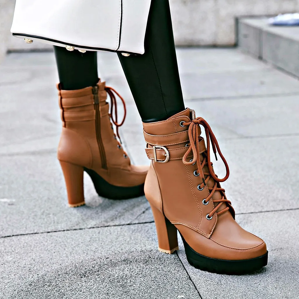 Spring White Black Ankle Platform Motorcycle Boots Women Lace Up Chunky Heel Belt Buckle Pocket Fashion Shoes Women Boots